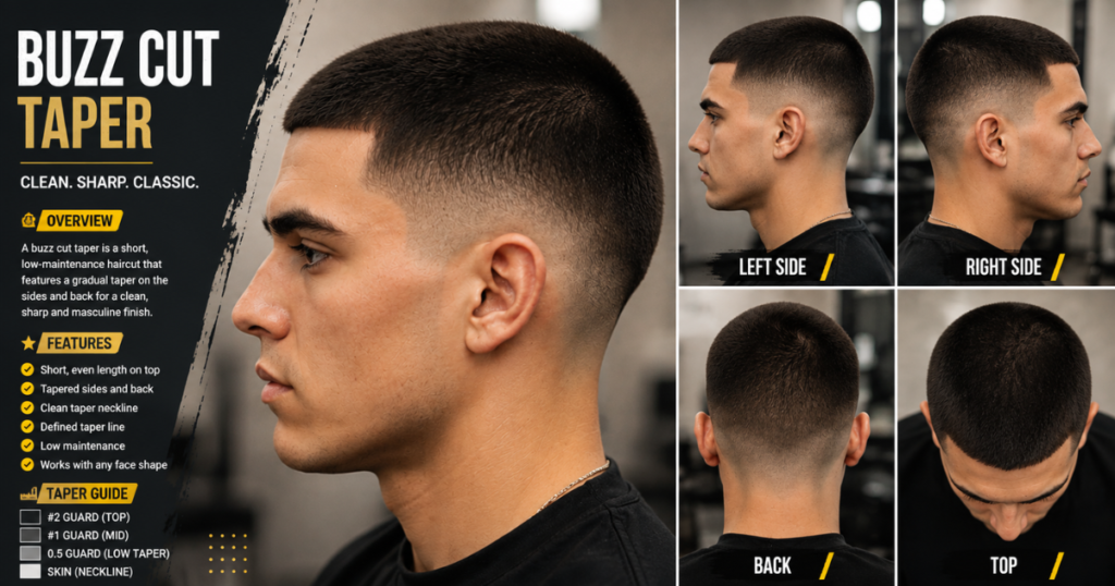 Buzz cut taper hairstyle with clean fade shown from all angles guide