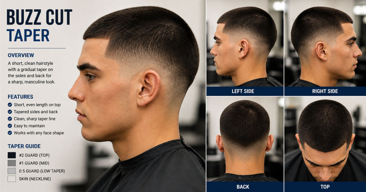 Buzz cut taper hairstyle with clean fade shown from all angles guide