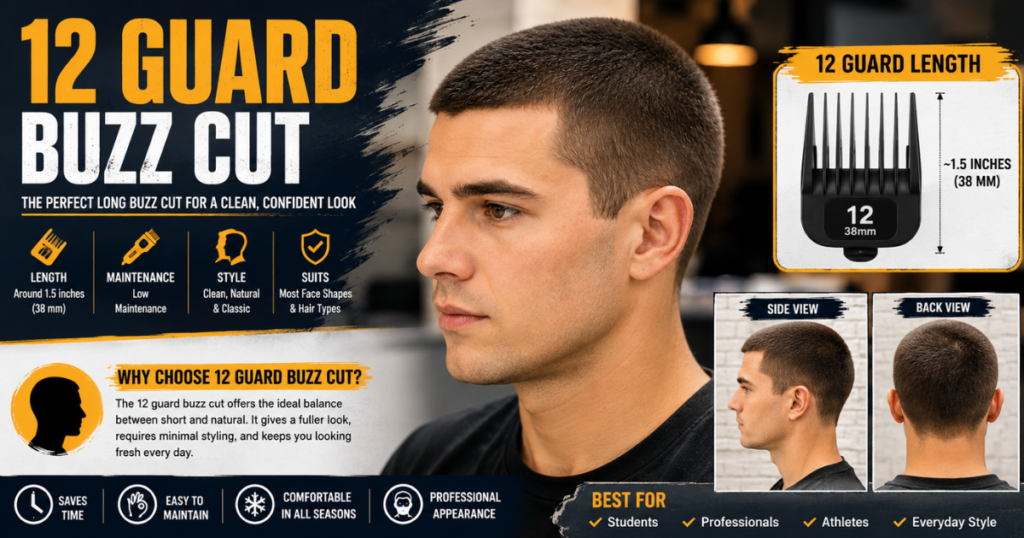 12 guard buzz cut hairstyle showing a clean longer buzz cut style for men with even hair length and modern appearance.