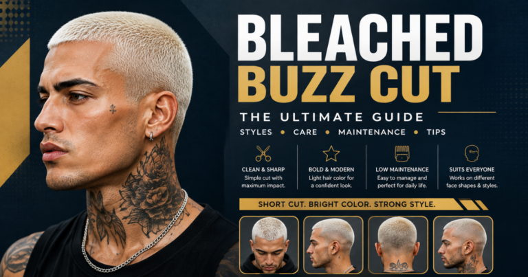 Bleached buzz cut hairstyle with platinum hair, modern barber style guide, and trendy short haircut inspiration.