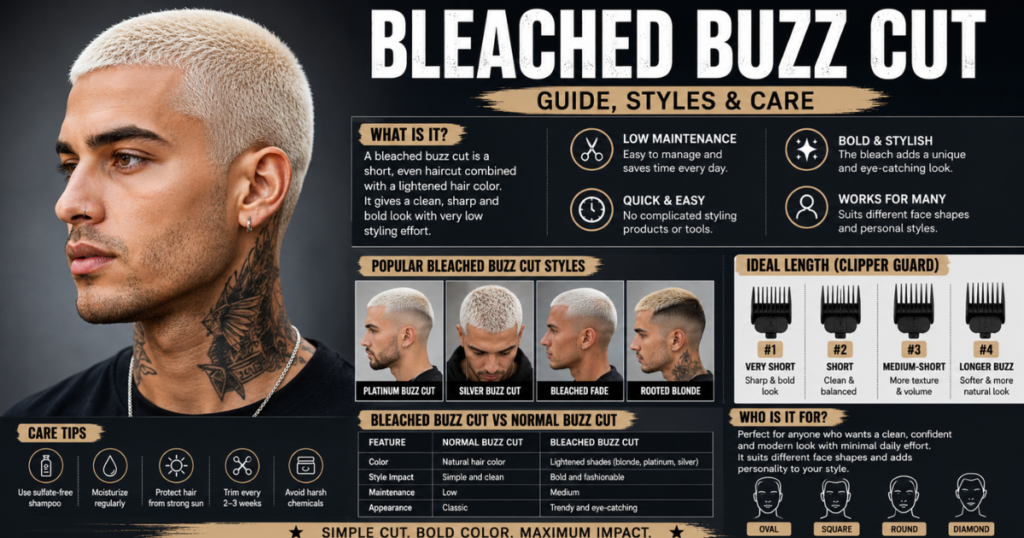 Bleached buzz cut hairstyle with platinum hair, modern barber style guide, and trendy short haircut inspiration.