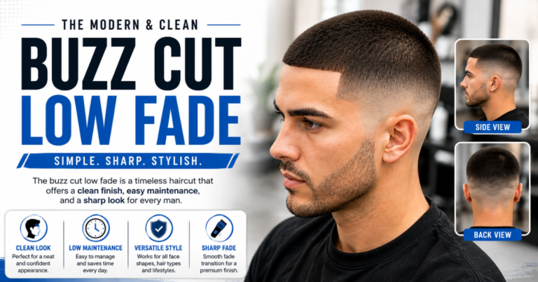 Modern man wearing a clean buzz cut low fade hairstyle with sharp faded sides