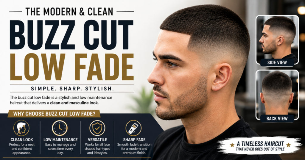 Modern man wearing a clean buzz cut low fade hairstyle with sharp faded sides