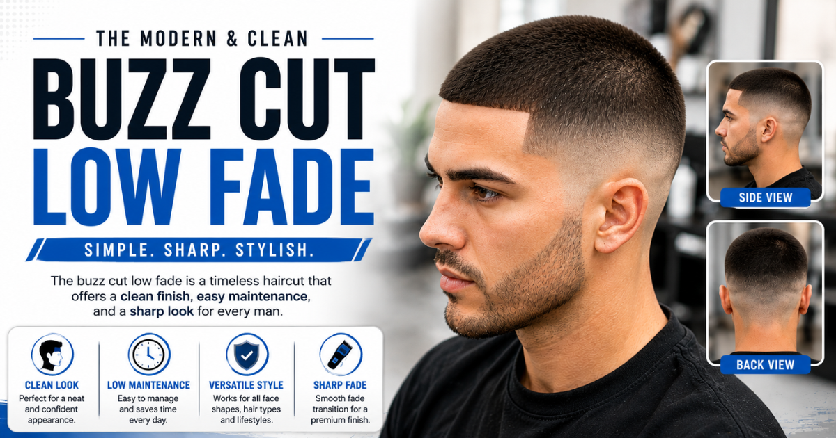 Modern man wearing a clean buzz cut low fade hairstyle with sharp faded sides